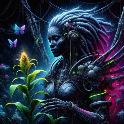 The primary subject of the image is a woman with long hair and a futuristic, cyberpunk-inspired appearance. She is surrounded by a vibrant and colorful environment, featuring a mix of natural elements like a corn plant and a butterfly, as well as futuristic elements like a gun and a clock. The visual style of the image is a combination of digital art and illustration, creating a unique and captivating scene. The colors and mood of the image are lively and energetic, with a strong focus on the woman as the central figure.